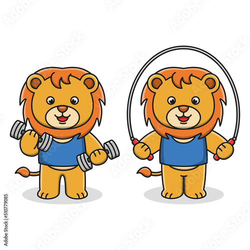 Cute cartoon lion lifting weights and jumping rope design set