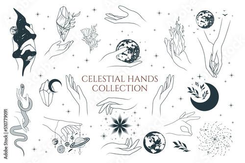 Celestial hands collection.  Linear  esoteric symbols  in boho style for witchcraft, poster, tattoo and cosmetics.Vector  illustration isolated on white.