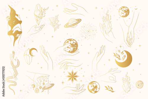 Golden celestial hands collection.  Linear  esoteric symbols  in boho style for witchcraft, poster,  jewelry and cosmetics. Vector  illustration isolated on white.