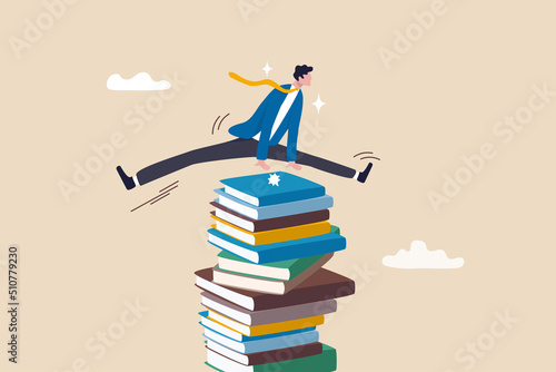 Education or knowledge, challenge to read books or study new skill, wisdom or intelligence for career opportunity concept, smart businessman jump over high books stack.
