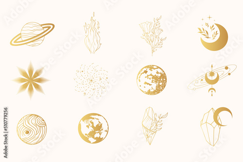 Golden celestial esoteric symbols and space bodies isolated set. Boho vector illustration for witchcraft and mystical design.