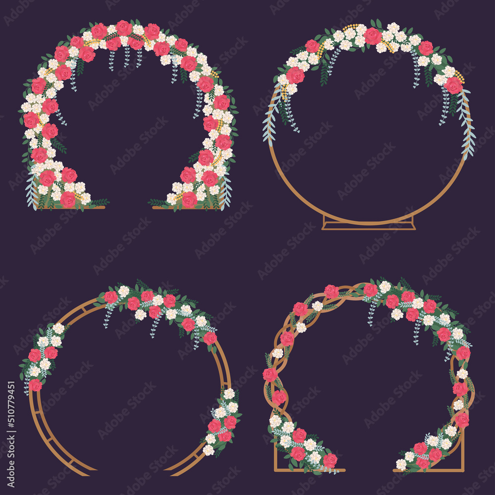 Wedding arch with flowers set. Vector illustration.