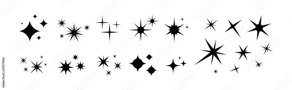 Stars sparkle compositions. Shine black stars stencil, isolated diverse sparkling elements. Sky objects, blink vector signs clipart - obrazy, fototapety, plakaty 