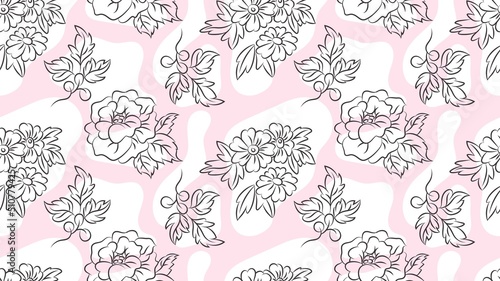 Romantic print roses chamomile and leaves. Outline flowers, spring summer garden vector seamless pattern. Decorative texture with abstract shapes