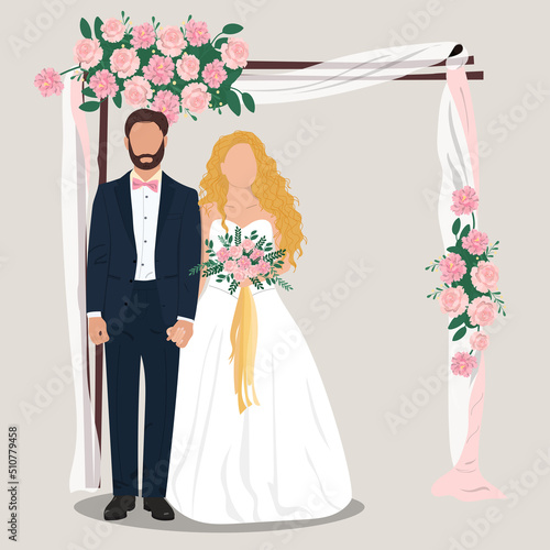 Bride and groom getting married. Elegant garden wedding arch with newlyweds. Template for wedding invitation. Vector illustration. 