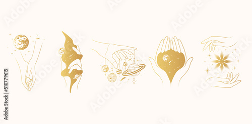 Golden celestial female hands with mystical elements - moon, planets and stars. Five vector boho illustrations for whitchcraft, greeting, jewelry, cosmetics.