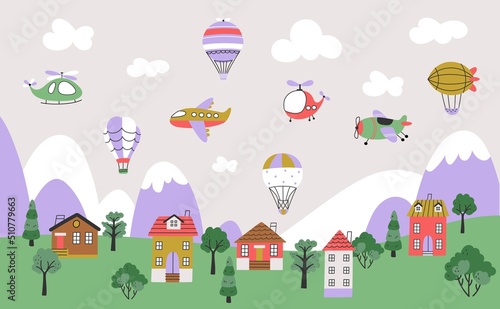 Kids airplanes landscape. Airplane and hot air balloons flying in sky. Cute children background with cartoon aurcraft, houses and mountains, nowaday vector scene