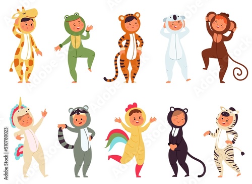 Kids in animal pajamas. Child wear cloth for sleepover, funny pajama or animals costumes. Isolated person on fun party, halloween decent vector children