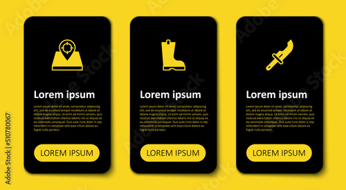 Set Hunter knife, Waterproof rubber boot and place. Business infographic template. Vector