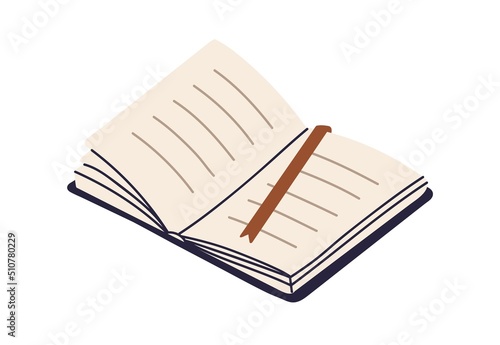 Open book with ribbon bookmark. Paper literature. Abstract text lines on notebooks pages. Academic textbook. School diary, planner. Flat vector illustration of notepad isolated on white background