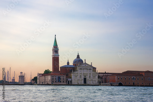 The Chiesa di San Giorgio Maggiore at early morning from a yacht in the Bacino di San Marco, Venice, Italy