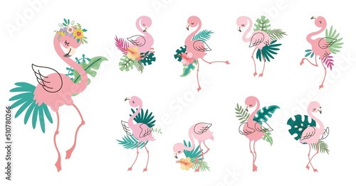 Tropical pink flamingo. Cartoon flamingos clipart with exotic palm leaves. Different africa birds, beach party stickers. Cute nowaday vector animal clipart