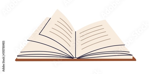 Open paper book with knowledge on pages. Academic textbook for studying, reading. Abstract literature, dictionary. Notebook in hardcover. Flat vector illustration isolated on white background
