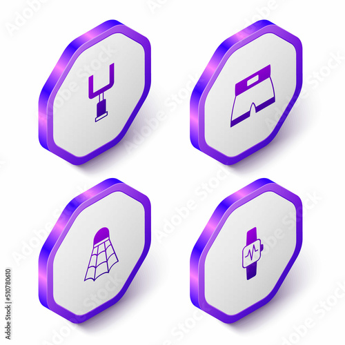 Set Isometric American football goal post, Boxing short, Badminton shuttlecock and Smart watch with heart icon. Purple hexagon button. Vector
