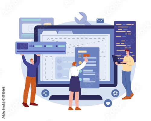 Software development concept. Businessman project manager, geek developer web network. Flat website coder character, digital teamwork kicky vector scene