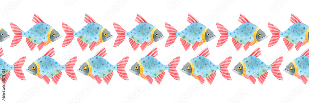 Seamless border of cartoon colored carp. Cute funny fish-carp, crucian carp. Hand-drawn watercolor illustrations isolated on a white background. Design for adhesive tape, cards, invitations, banners.
