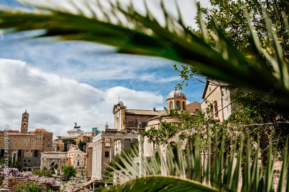 Fototapeta premium View on Roman forum buildings, city square in ancient Rome, Italy