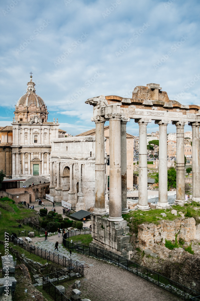 View on Roman forum buildings, city square in ancient Rome, Italy