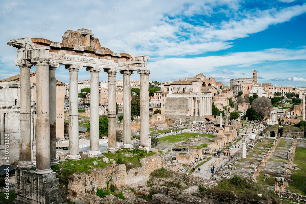 View on Roman forum buildings, city square in ancient Rome, Italy
