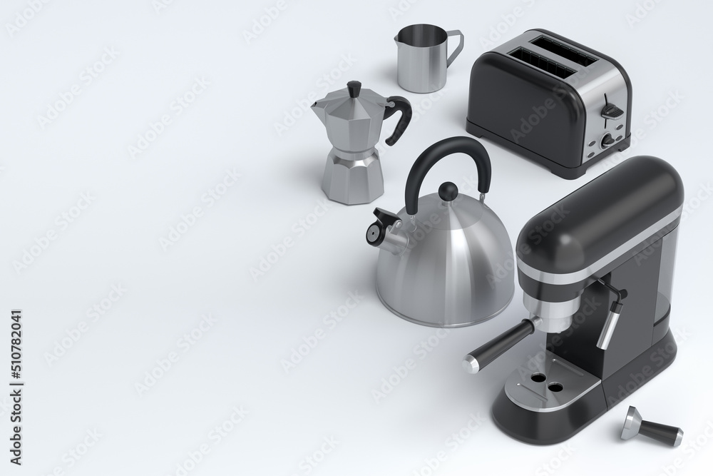 Kettle, toaster, coffee machine with horn and geyser coffee maker on white Kettle, toaster, coffee machine with horn and geyser coffee maker on white