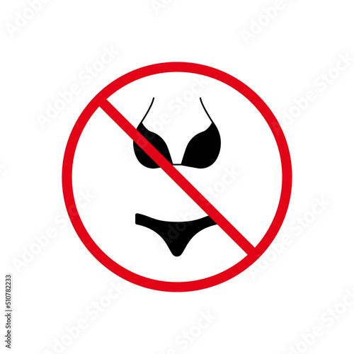 Nude Beach Sign. Ban Female Two Piece Swimsuit Black Silhouette Icon. Forbidden Women Bikini and Bra Pictogram. Underwear Red Stop Circle Symbol. Swimwear Prohibited. Isolated Vector Illustration