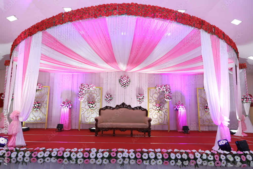 simple satin cloth Wedding Stage Decoration with the lamps behind Stock  Photo