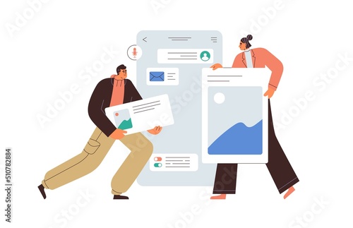 UI UX design of mobile messenger app. Designers creating digital chat application interface layout for sending, receiving messages online. Flat vector illustration isolated on white background