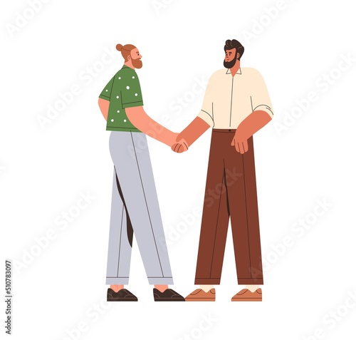 Two men shaking hands, greeting each other. Friends handshake. People partners colleagues smiling, standing and gesturing, thanking, respecting. Flat vector illustration isolated on white background