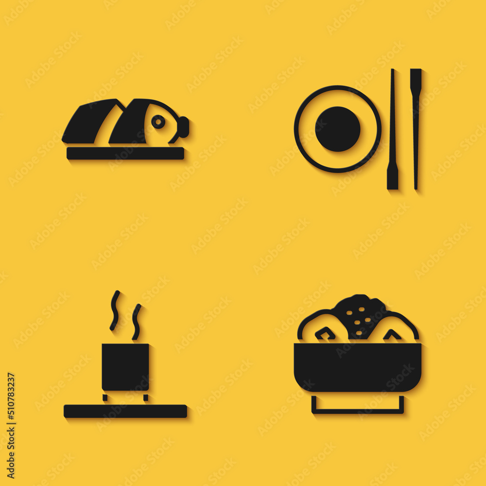 Set Fish with sliced pieces, Chow mein on plate, Cup of tea and Food chopsticks icon with long shadow. Vector Set Fish with sliced pieces, Chow mein on plate, Cup of tea and Food chopsticks icon with long shadow. Vector