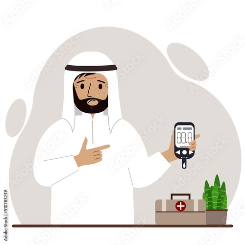 Sad muslim man holds a glucometer in his hand. The concept of blood sugar control, diabetic.