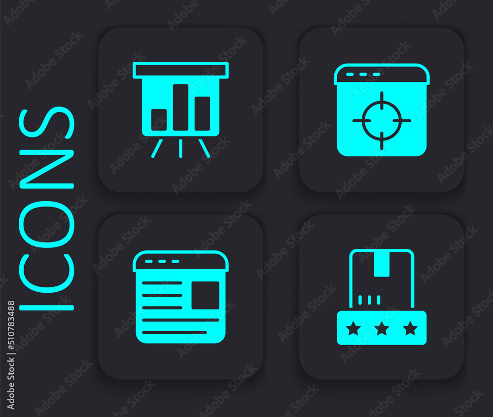 Set Consumer product rating, Board with graph chart, Target financial goal and Advertising icon. Black square button. Vector Set Consumer product rating, Board with graph chart, Target financial goal and Advertising icon. Black square button. Vector