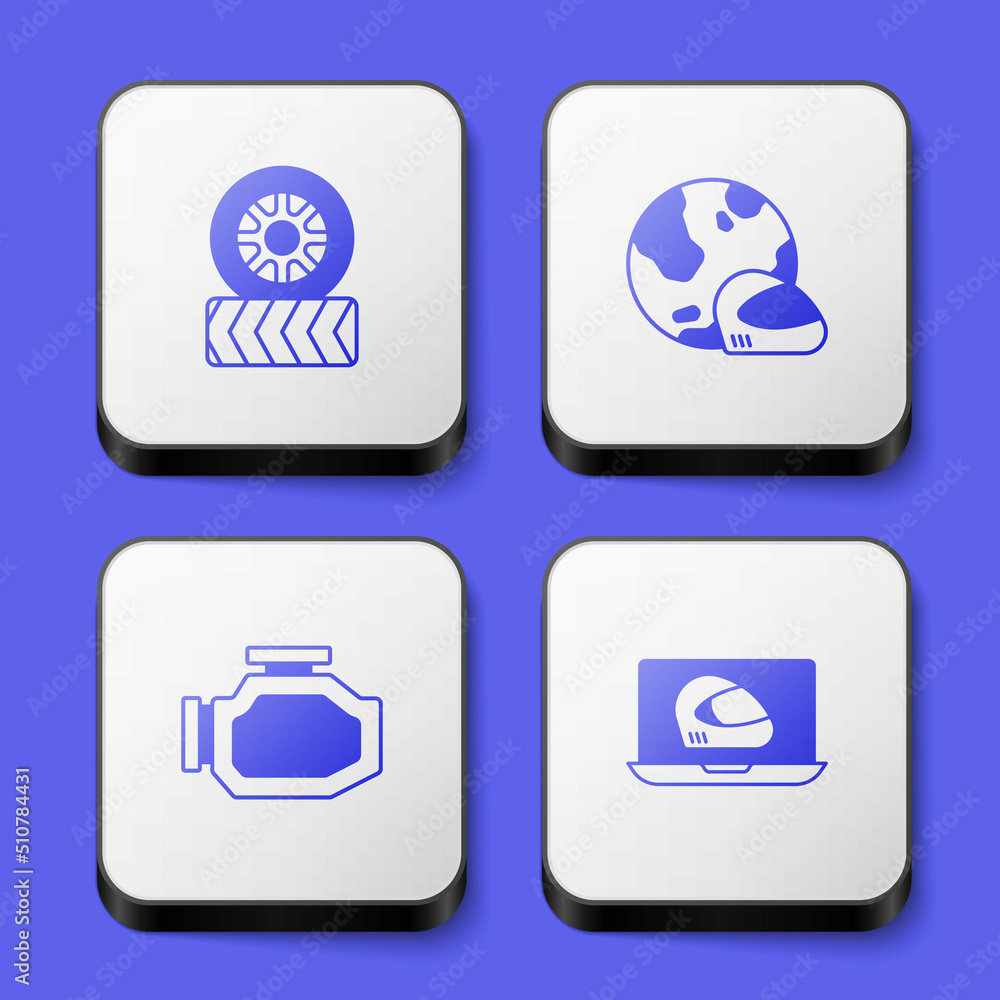 Set Car tire wheel, Racing helmet, Check engine and icon. White square button. Vector Set Car tire wheel, Racing helmet, Check engine and icon. White square button. Vector