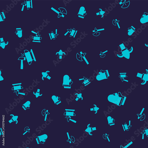 Set Anvil and hammer, Classic iron fence, Medieval axe and Protective gloves on seamless pattern. Vector