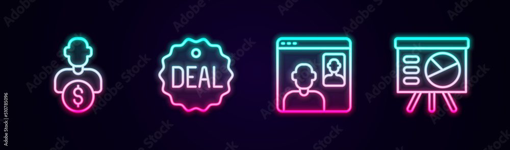 Set line Business investor, Deal, Video chat conference and Board with graph. Glowing neon icon. Vector