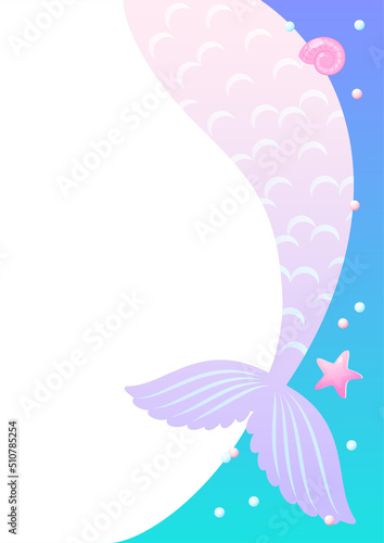 Under the sea background template. Cute frame of mermaid tails with white blank space. Vector 10 EPS.