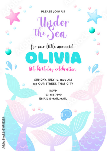 Birthday party invitation template. Cute illustration of mermaid tails, shell, pearls and star fish. Vector 10 EPS.