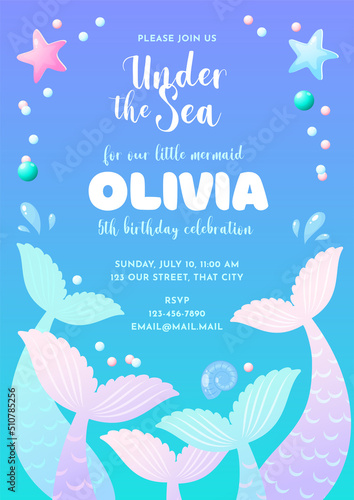 Birthday party invitation template. Cute illustration of mermaid tails, shell, pearls and star fish. Vector 10 EPS.