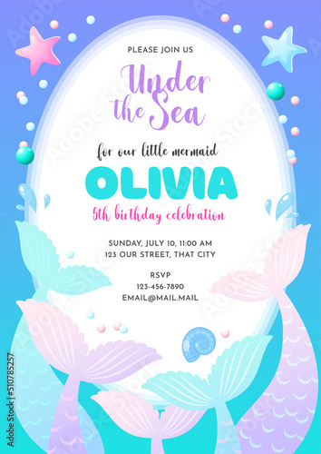Birthday party invitation template. Cute illustration of mermaid tails, shell, pearls and star fish. Vector 10 EPS.