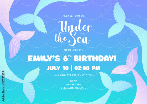 Birthday party invitation template. Cute illustration of mermaid tails on a background of blue waves. Vector 10 EPS.