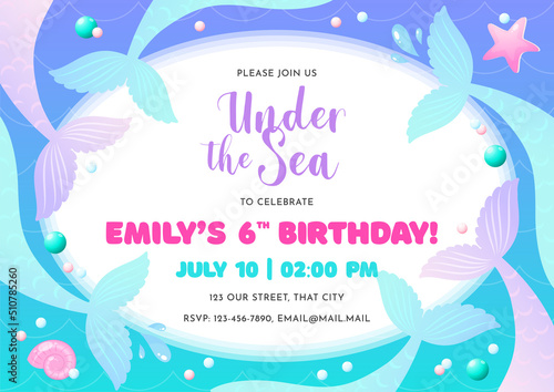 Birthday party invitation template. Cute illustration of mermaid tails, shell, pearls and star fish. Vector 10 EPS.