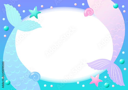Under the sea background template. Cute frame of mermaid tails with white blank space. Vector 10 EPS.