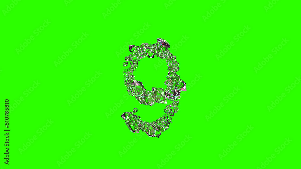lighting transparent brilliants number 9 on chroma key screen, isolated - object 3D rendering lighting transparent brilliants number 9 on chroma key screen, isolated - object 3D rendering