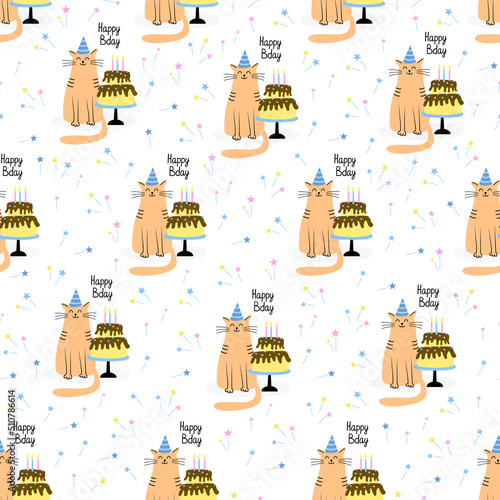 Vector seamless pattern with cats and birthday cakes. Hand drawn flat illustration and Happy Bday lettering. Great for wrapping paper.