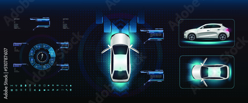 Futuristic car interface. Car with navigation panel in three projections in the style of HUD. Smart car control settings with electronic digital navigation panel