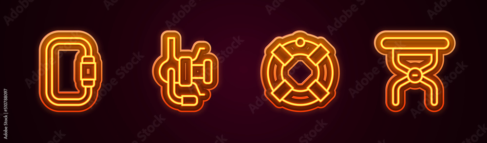 Set line Carabiner, Spinning reel for fishing, Lifebuoy and Camping folding chair. Glowing neon icon. Vector Set line Carabiner, Spinning reel for fishing, Lifebuoy and Camping folding chair. Glowing neon icon. Vector