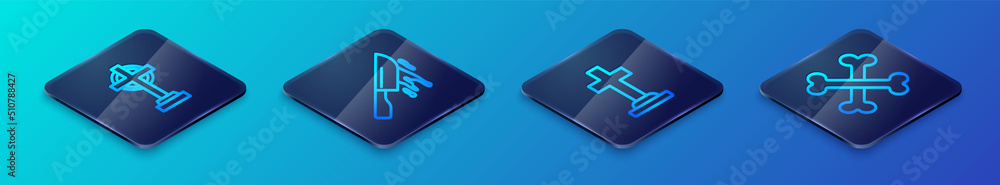Set Isometric line Tombstone with cross, Crossed bones and Bloody knife icon. Vector Set Isometric line Tombstone with cross, Crossed bones and Bloody knife icon. Vector