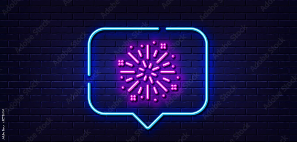 Neon light speech bubble. Fireworks explosion line icon. Pyrotechnic salute sign. Carnival celebration lights symbol. Neon light background. Fireworks explosion glow line. Brick wall banner. Vector Neon light speech bubble. Fireworks explosion line icon. Pyrotechnic salute sign. Carnival celebration lights symbol. Neon light background. Fireworks explosion glow line. Brick wall banner. Vector