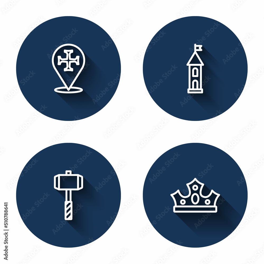 Set line Crusade, Castle tower, Battle hammer and King crown with long shadow. Blue circle button. Vector Set line Crusade, Castle tower, Battle hammer and King crown with long shadow. Blue circle button. Vector