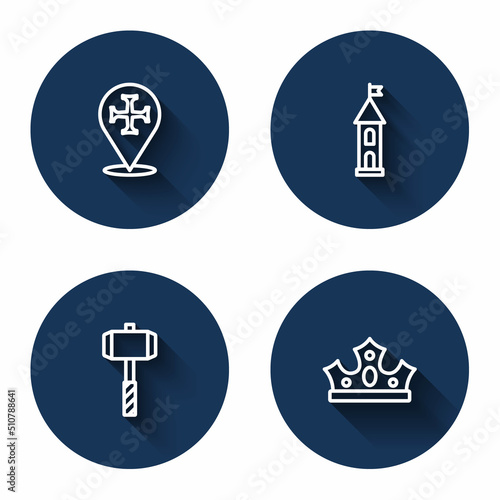 Set line Crusade, Castle tower, Battle hammer and King crown with long shadow. Blue circle button. Vector