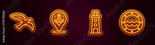 Set line Bird seagull, Location with anchor, Lighthouse and Ship porthole. Glowing neon icon. Vector